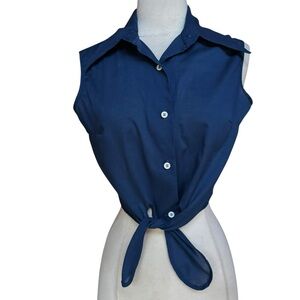 1970s Navy‎ Cotton Blend Dagger Collar Front Button Down & Tie Crop Top